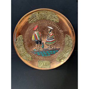Vintage Hand Made Peruvian Copper and Brass Decorative Plate Man and Woman